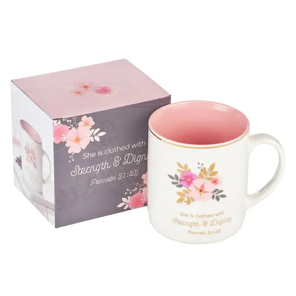 White/Pink Floral Strength & Dignity Mug