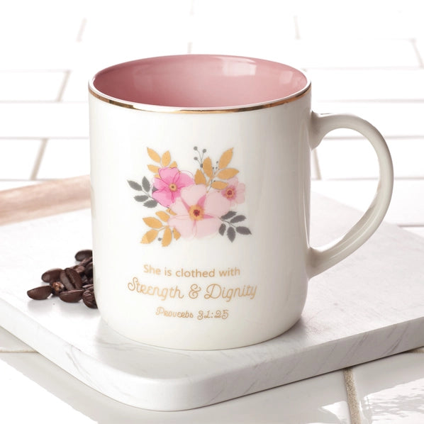 White/Pink Floral Strength & Dignity Mug