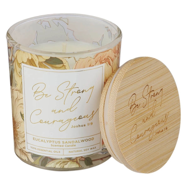 Glass Candle Bamboo Lid Floral Strong & Courageous Josh 1:9
