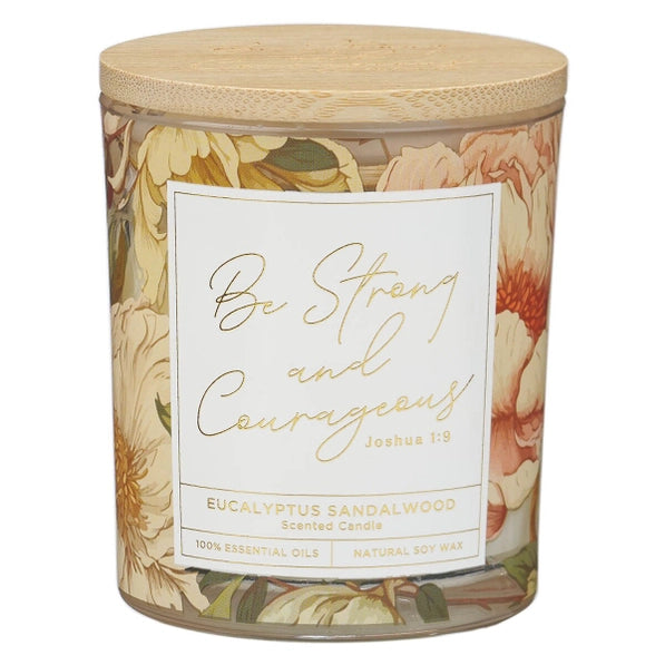 Glass Candle Bamboo Lid Floral Strong & Courageous Josh 1:9