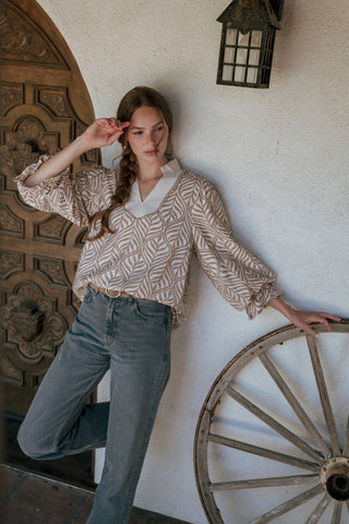 Standing Collared Neck Boho Leaf Print Top | Taupe