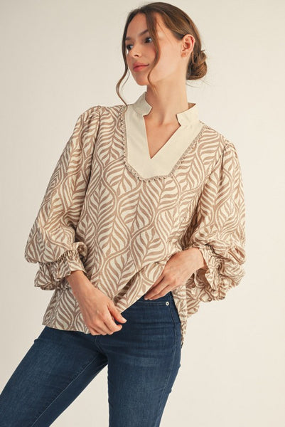 Standing Collared Neck Boho Leaf Print Top | Taupe