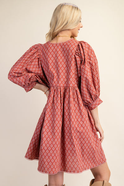 Printed Mini Babydoll Dress| Terracotta