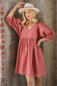 Printed Mini Babydoll Dress| Terracotta