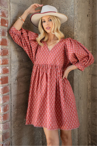 Printed Mini Babydoll Dress| Terracotta