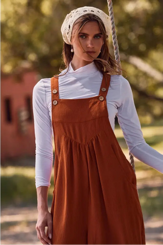 Solid Button Sling Jumpsuit|Toffee