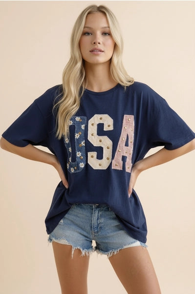 Mixed-Media Studded USA Graphic Tee