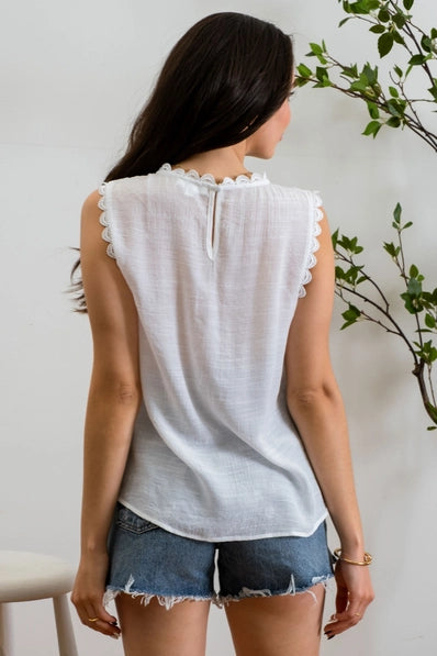 Sleeveless Lace Edge Woven Top | White
