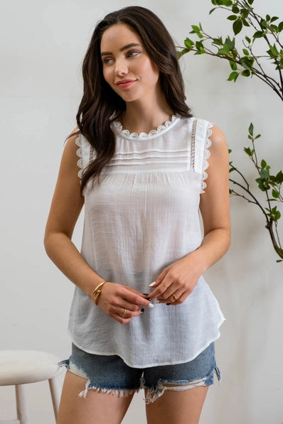 Sleeveless Lace Edge Woven Top | White