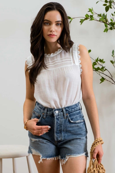 Sleeveless Lace Edge Woven Top | White