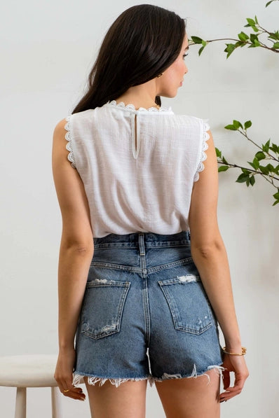 Sleeveless Lace Edge Woven Top | White