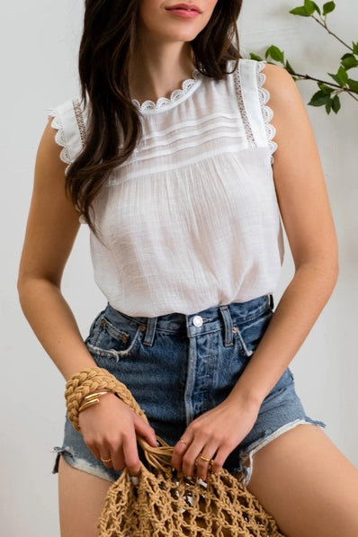 Sleeveless Lace Edge Woven Top | White