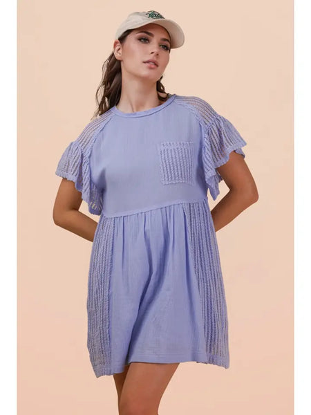 Waffle Knit Contrast Solid Comfy Mini Dress | Blue