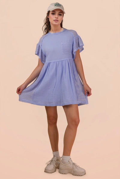 Waffle Knit Contrast Solid Comfy Mini Dress | Blue