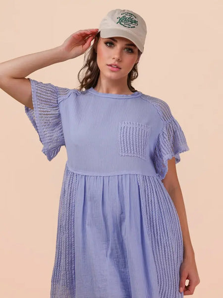 Waffle Knit Contrast Solid Comfy Mini Dress | Blue