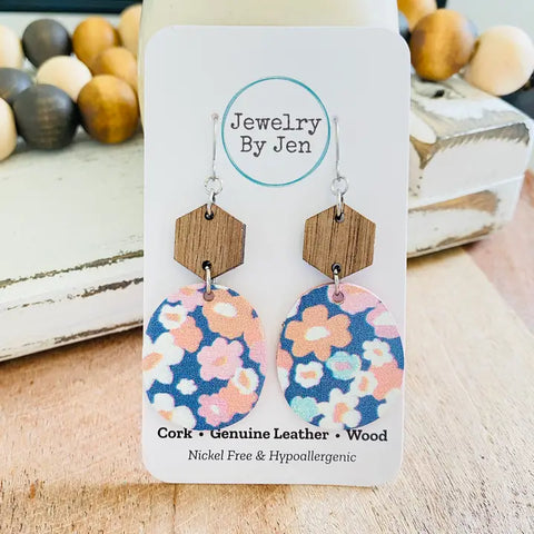 Walnut Hexagon & Wallflowers Earrings