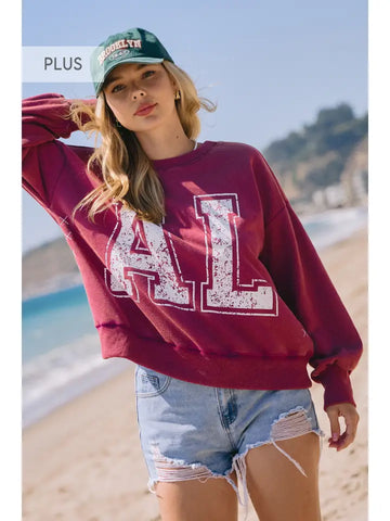 Plus Alabama Printed Acid Washed Sweatshirt | Washed Carmine