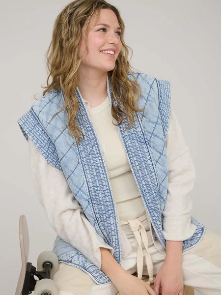 Washed Denim Quilted Shawl Vest | Washed Denim