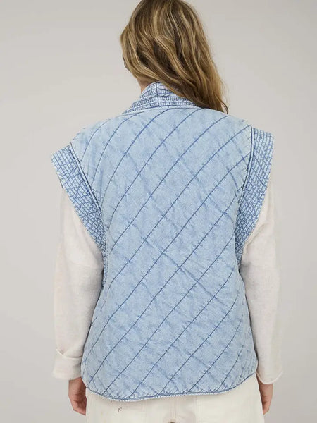 Washed Denim Quilted Shawl Vest | Washed Denim