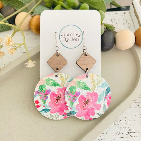 Walnut Diamond W/Watercolor Peonies & Roses Circle Earrings