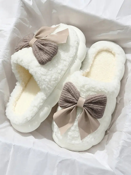White Contrast Bowknot Applique Plush Winter Slippers