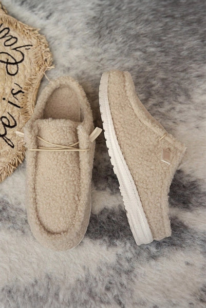 White Lace Up Detail Slip On Sherpa Shoes