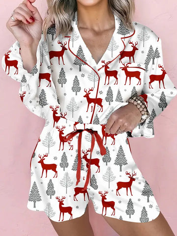 Christmas Print Velvet Trim Bow Pajama Set | White