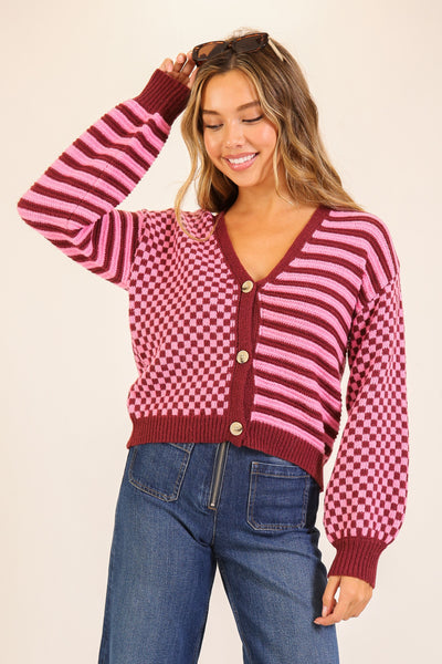 Dual Pattern Knit Cardigan | Pink/Burgundy