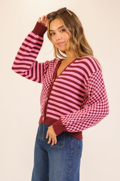 Dual Pattern Knit Cardigan | Pink/Burgundy