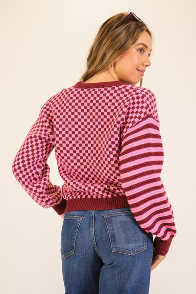 Dual Pattern Knit Cardigan | Pink/Burgundy