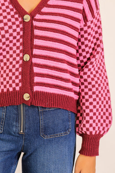 Dual Pattern Knit Cardigan | Pink/Burgundy