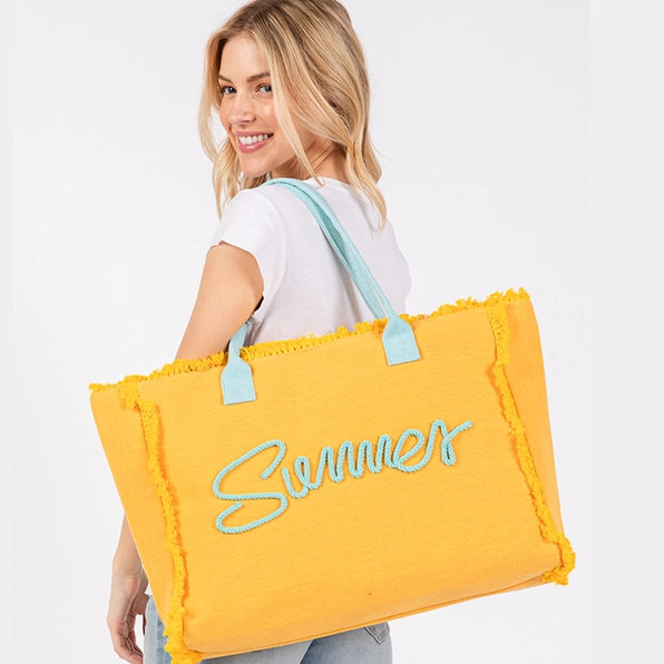 Summer Message Embroidered Fringe Canvas Tote Beach Bag| Yellow Gold