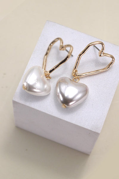Hammer Heart Pearl Heart Drop Earrings