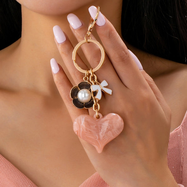 Bag Charm Key Chain-Swirl Heart Peral Floral Bow