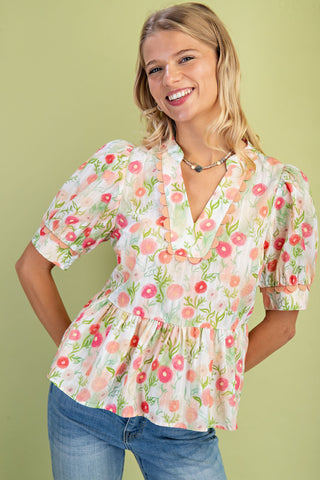 Floral Short Sleeve Blouse | Peach
