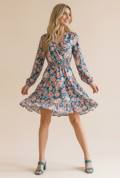 Surplice Smocked Long Sleeve Floral Dress | Denim Blue