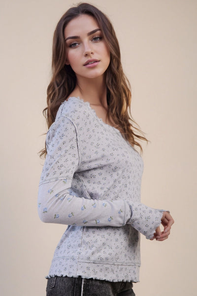 Floral Printed Lettuce Hem Fitted Knit Top | Heather Grey