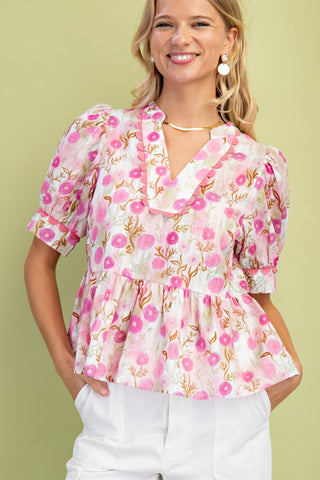 Floral Short Sleeve Blouse | Pink