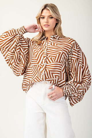 Printed Bubble Sleeve Button Down Top | COCO