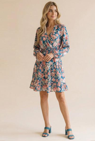 Surplice Smocked Long Sleeve Floral Dress | Denim Blue