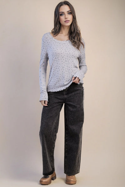 Floral Printed Lettuce Hem Fitted Knit Top | Heather Grey