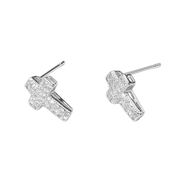 Cz Stone Paved Cross Stud Earrings| Silver