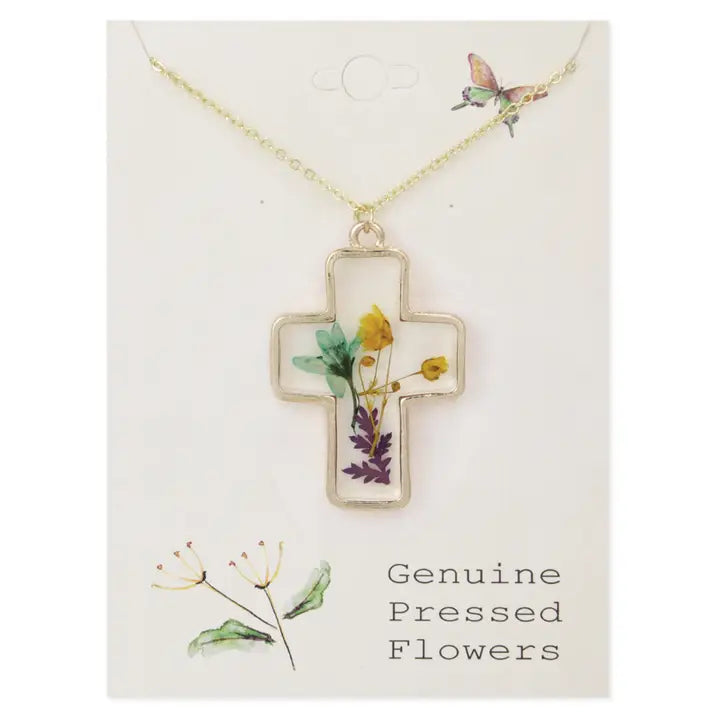 Gold Cross Dried Flower Necklace
