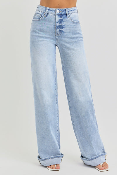 Tummy Control High Rise Wide Cuffed Jeans-Risen Jeans