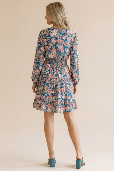 Surplice Smocked Long Sleeve Floral Dress | Denim Blue