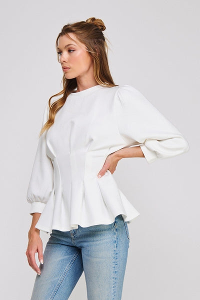 Double Knit Pleat Flare, Rib Trim Top | Off White