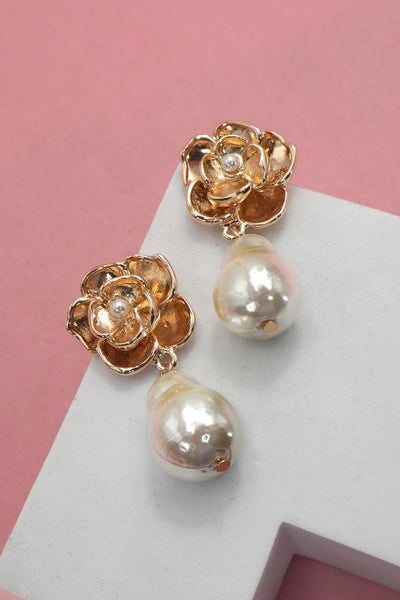 Vintage Gold Flower Drop Pearl Accent Earrings