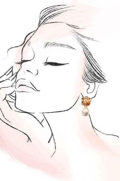 Vintage Gold Flower Drop Pearl Accent Earrings