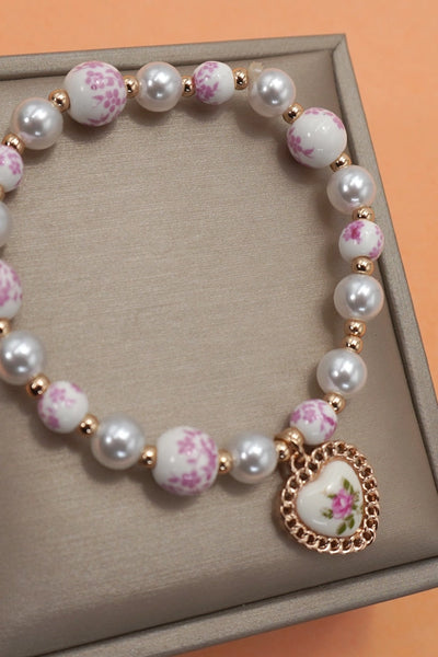 Pink Ceramic Porcelain Pearl Mix Heart Bracelet