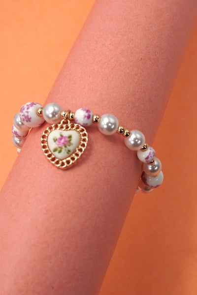 Pink Ceramic Porcelain Pearl Mix Heart Bracelet